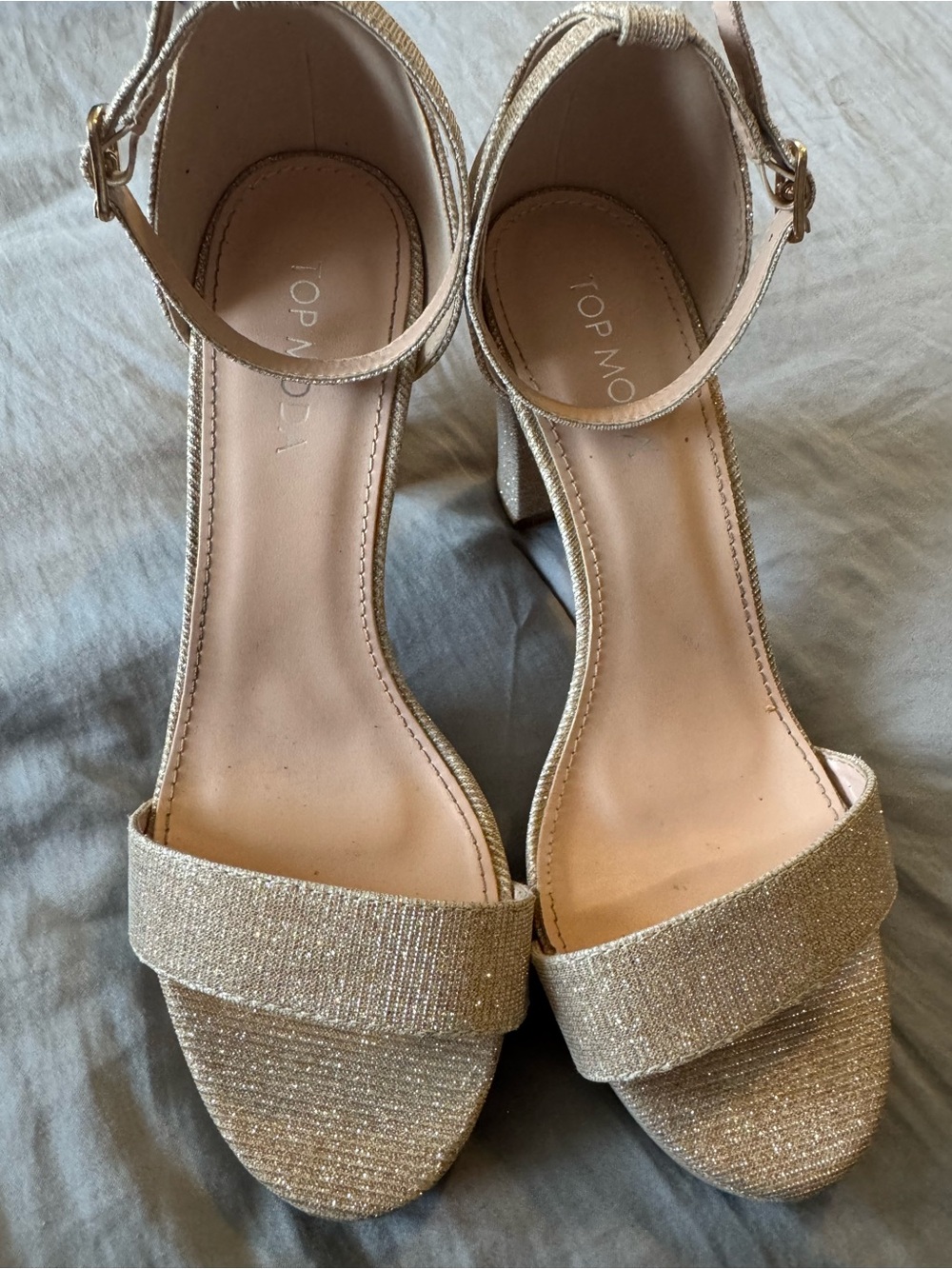 TOP MODA Champagne Gold Glitter Ankle-Strap Block Heels
